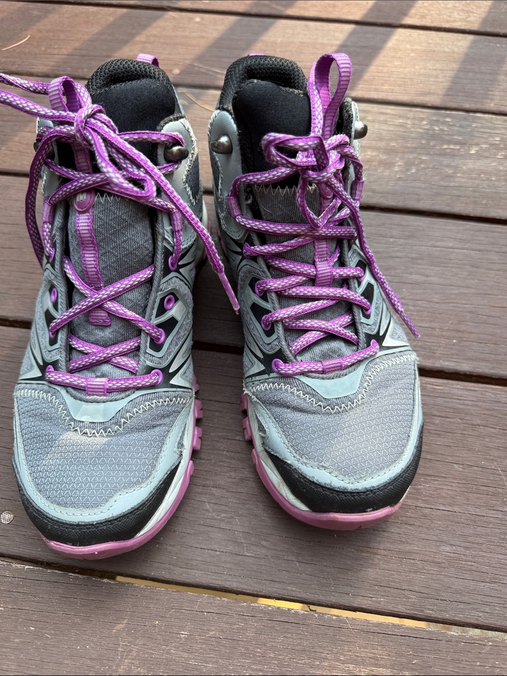 Women’s Merrill Gray and Purple Hightop Trail Boots, size 7 1/2